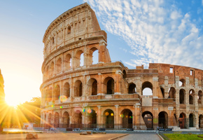 Colosseum in Rome and morning sun, Italy