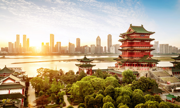 Classic Chinese architecture by a river in China