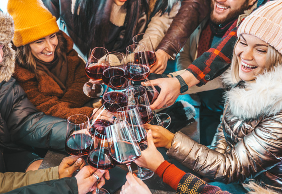 Ski friends toasting with wine glasses