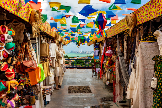 Brazilian street with shops for tourists in Olinda
