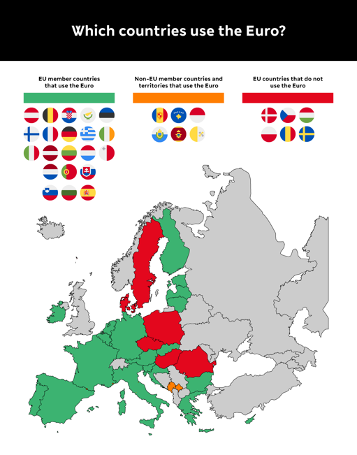 Map showing countries that use the euro