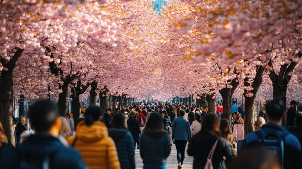 Cherry blossom trees lining a path in Japan