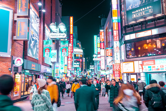 Busy street in Japan at night