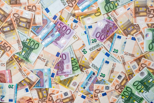 Flat lay of colourful euro notes