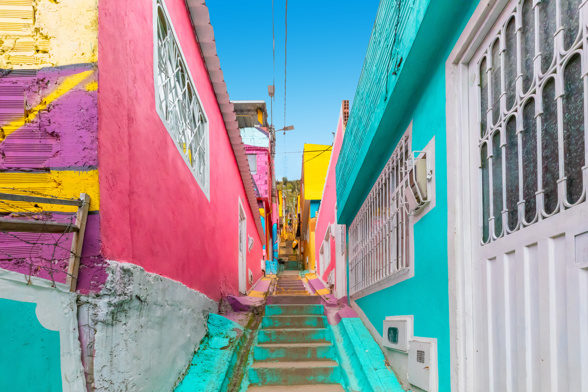 Colombia Bogota, stairs in the colorful alley of district called Los Puentes