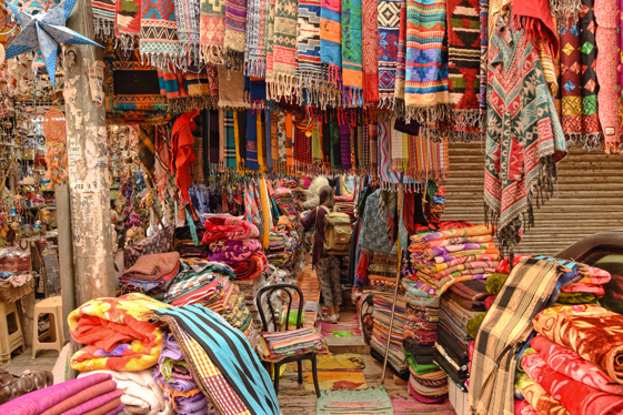 Carpets for sale at the old market in New Delhi, India