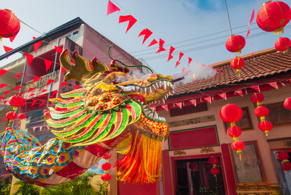 A Chinese dragon on a street in China during Lunar New Year