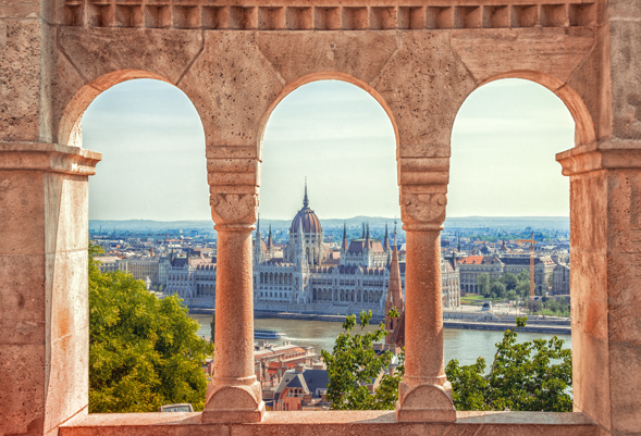 Parliament view through Fisherman's Bastion in Budapest