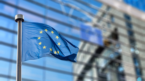 Euro flag flying in front of a building